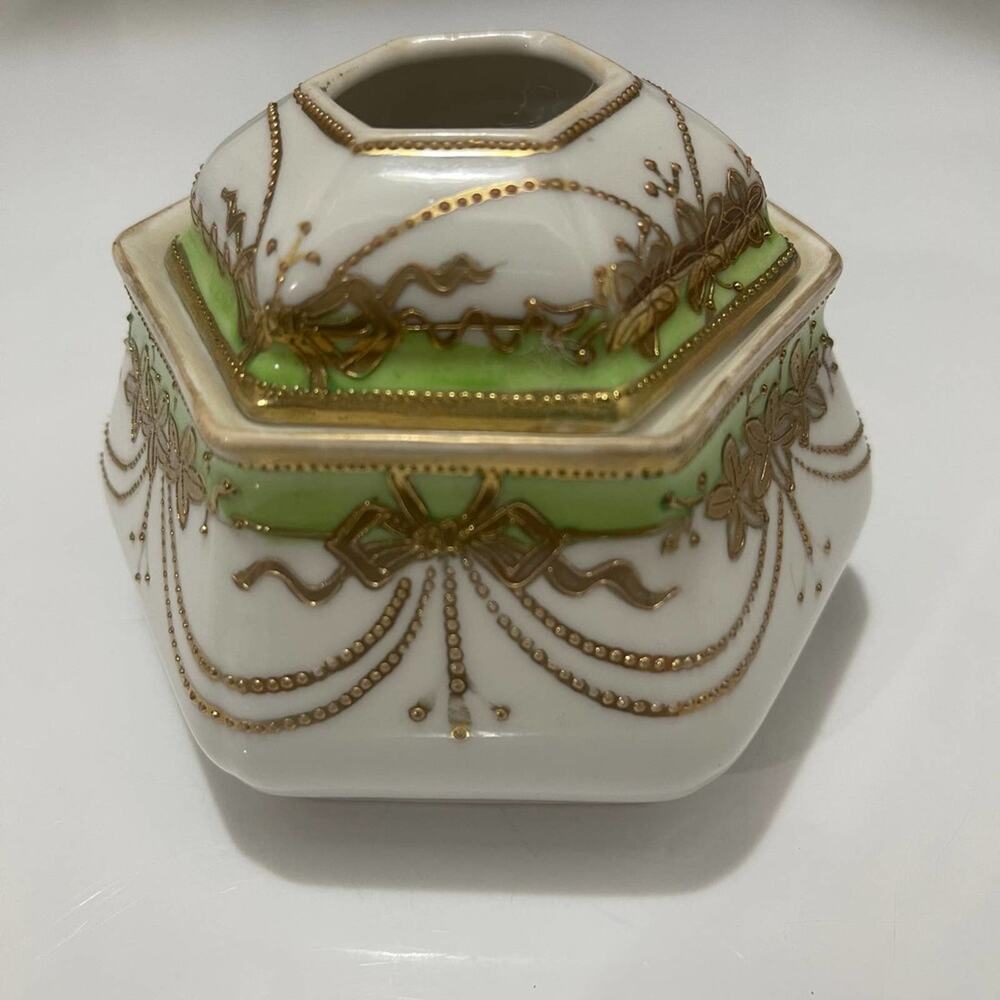NIPPON Moriage Beading Vintage Hair Receiver Green Gold Hand Painted